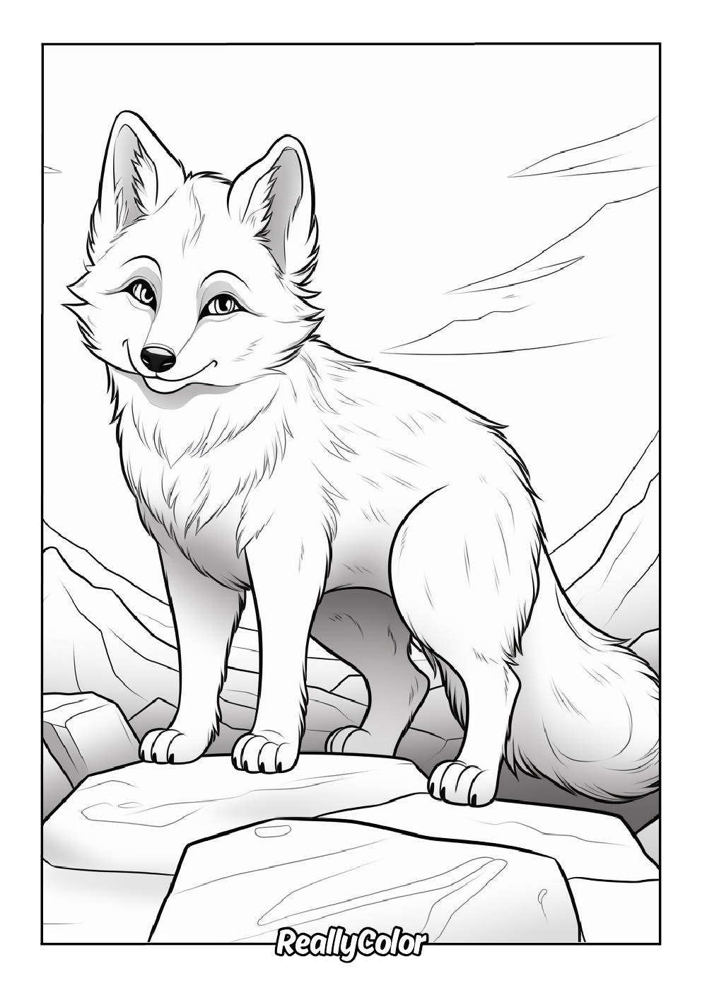 Printable coloring page of a cartoon arctic fox